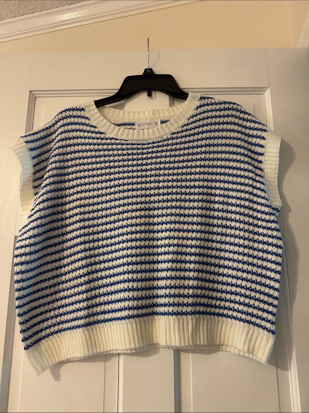 Striped Knit Sleeveless Sweater Vest in White and Blue